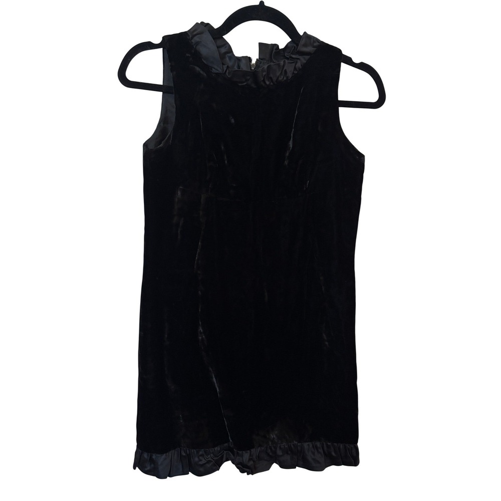 Vintage Jac-Lynn Jrs Black Velvet Satin Ruffle Trim Sleeveless Mini Shift Dress